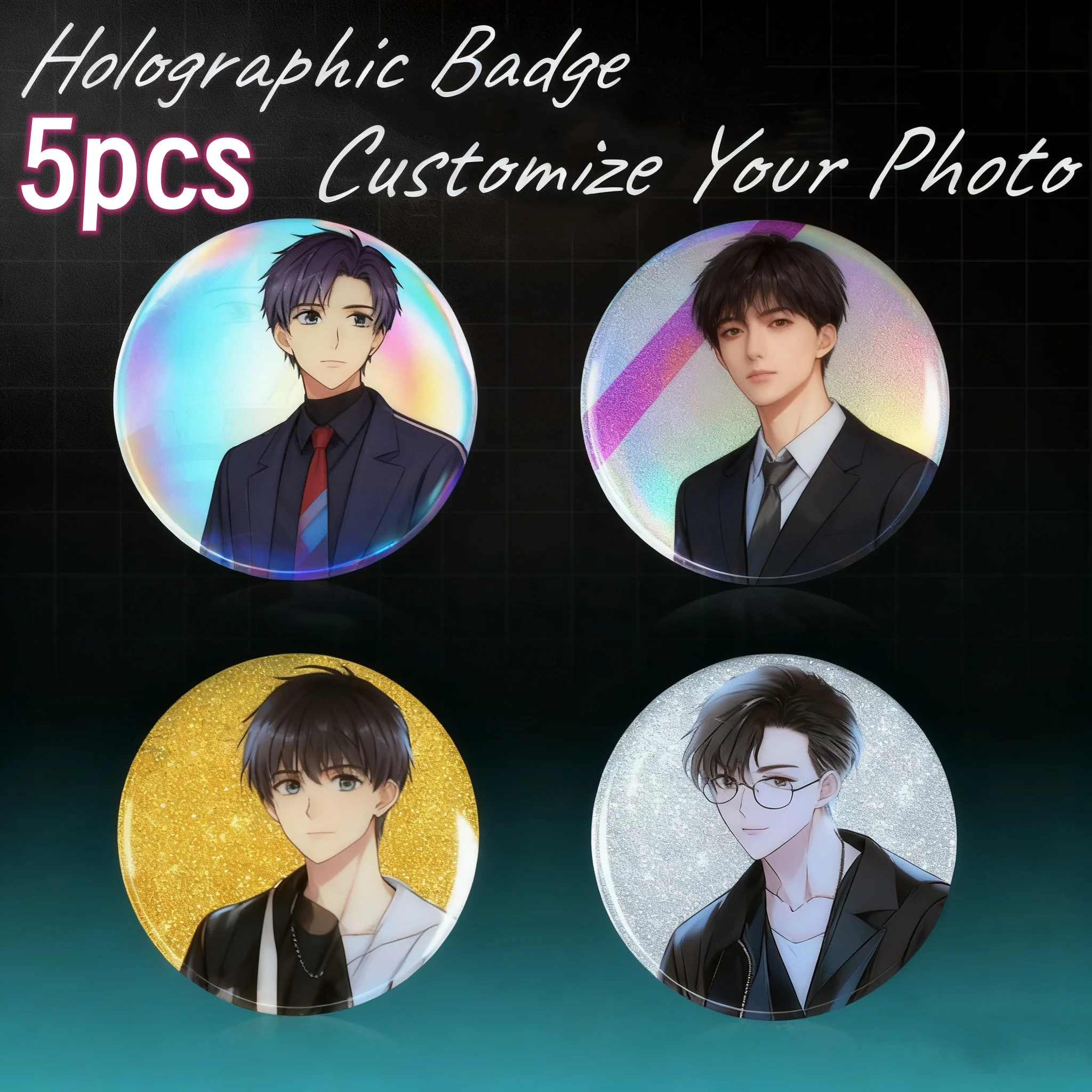 5 Stück runde 58mm personalisierte holografische Anstecknadeln aus Weißblech, personalisierte Taschendekoration, glänzende Glitzer-Button-Pins als Geschenk – Detail 1