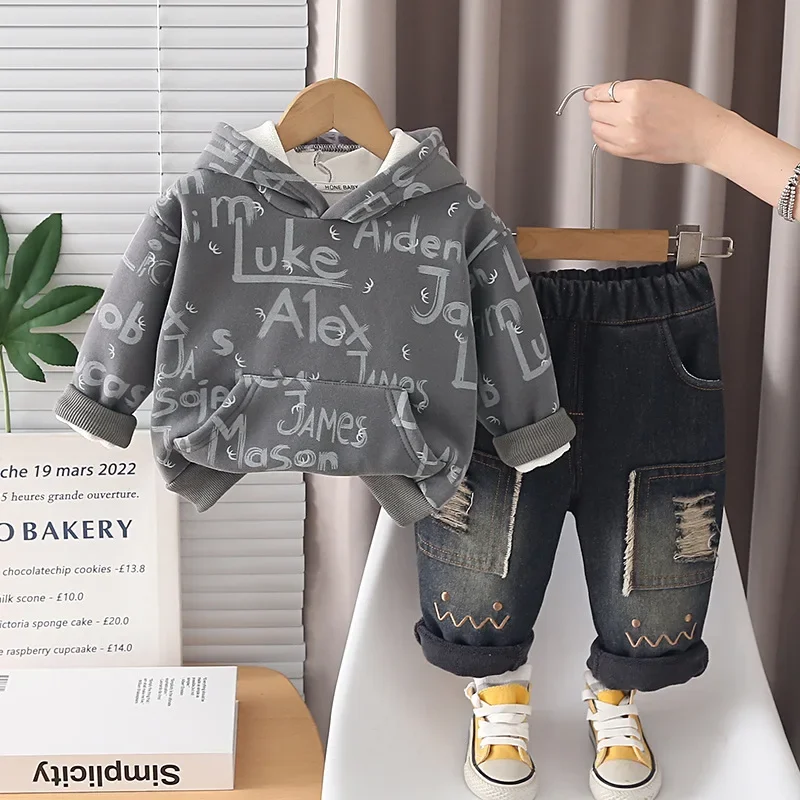 New Winter Baby Boys Clothes Suit Children Thick Warm Hooded T-Shirt Pants 2Pcs/Sets Kids Girls Clothing Infant Casual Costume