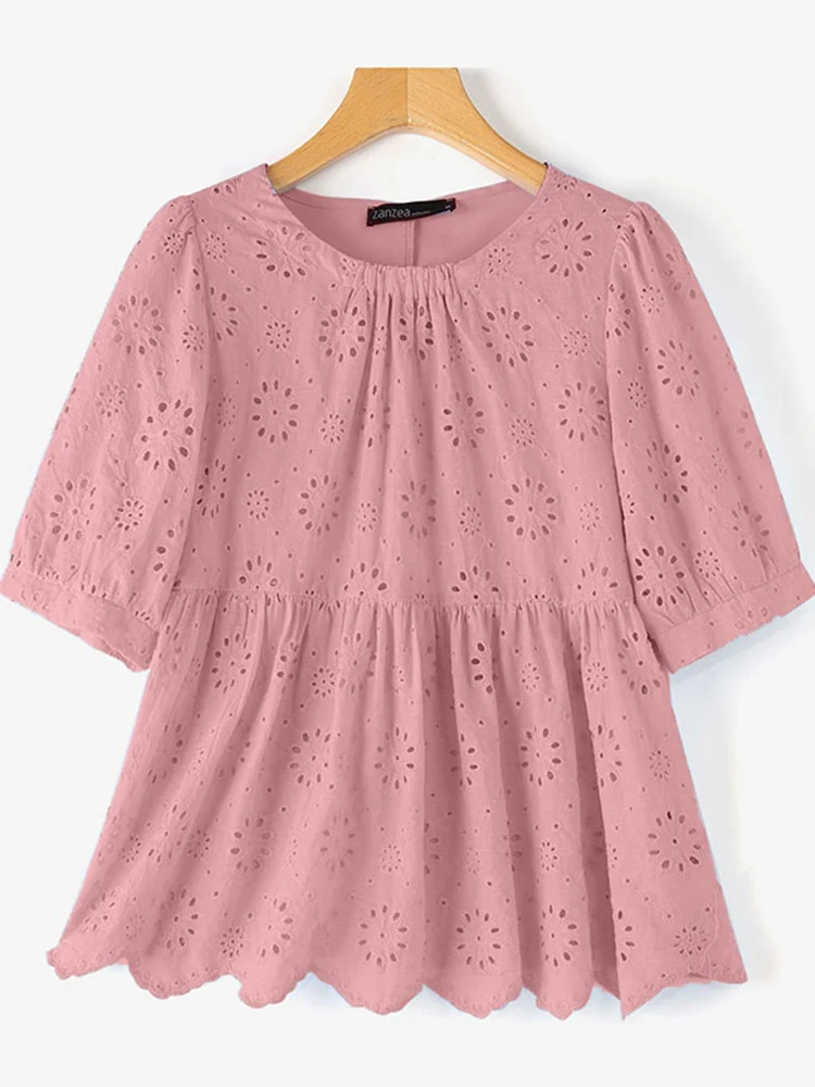 

ZANZEA Summer Fashion Hollow Out Embroidery Blouses Women Casual Loose Lace Patchwork Blusas Half Puff Sleeve Solid Tunic Tops