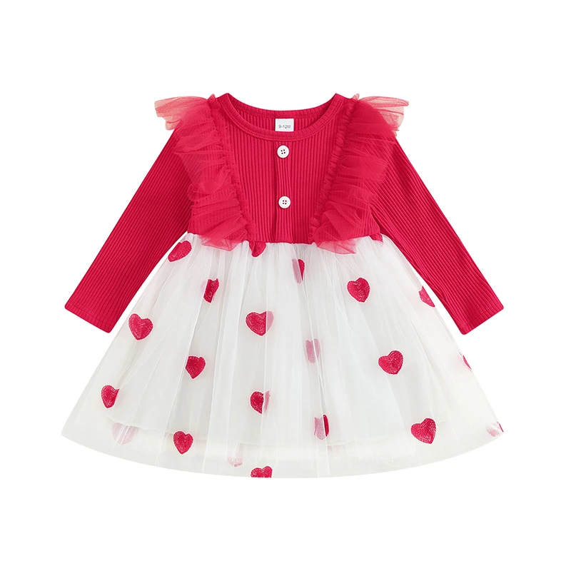 Sweety Kids Girl Long Sleeves Lace Dress Casual Valentine's Day Heart Print Mesh Tulle Dress for Toddler Baby Spring Clothes