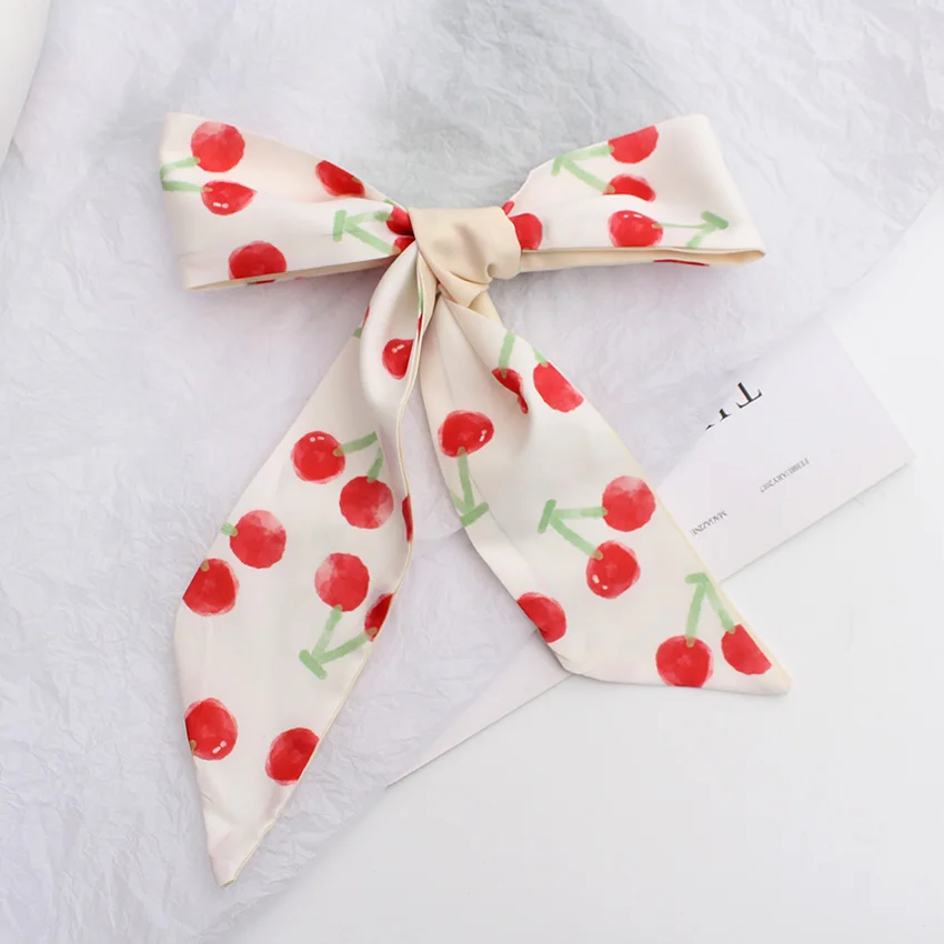 Fashion Hair Ribbon Summer Print Floral Slik Scarf Long Bow Bandana Korean Ponytail Holder Women Girls  Head Hair Accessories