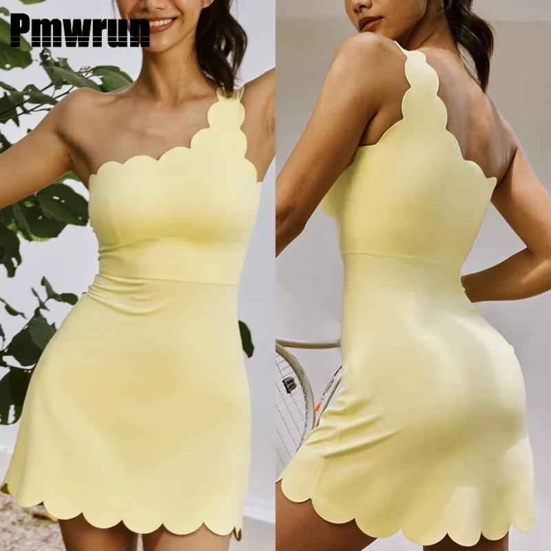 

PMWRUN Off-Shoulder Sports Lace Tennis Dress Tight Yoga Sporty Jumpsuit Woman With Chest Pads One-Piece Fitness Female Clothing
