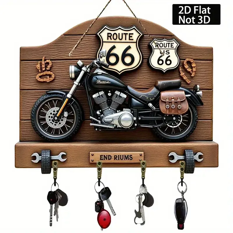 2D Flat, Vintage 1960s Route 66 Motorcycle Key Holder Wall Decor with 4 Metal Hooks - Retro Garage Storage for Porch, Room &