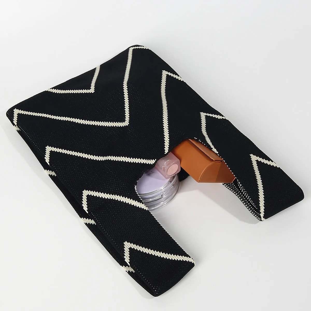 حقيبة يد محبوكة بخط رفيع بألوان متباينة، هاتف محمول، مستحضرات تجميل، أحمر شفاه، تسوق كاجوال يومي، عصرية ومتعددة الاستخدامات لجميع المواسم، حزام كتف عريض لسهولة الوصول، نسيج خفيف الوزن قابل للطي ومقاوم للاهتراء