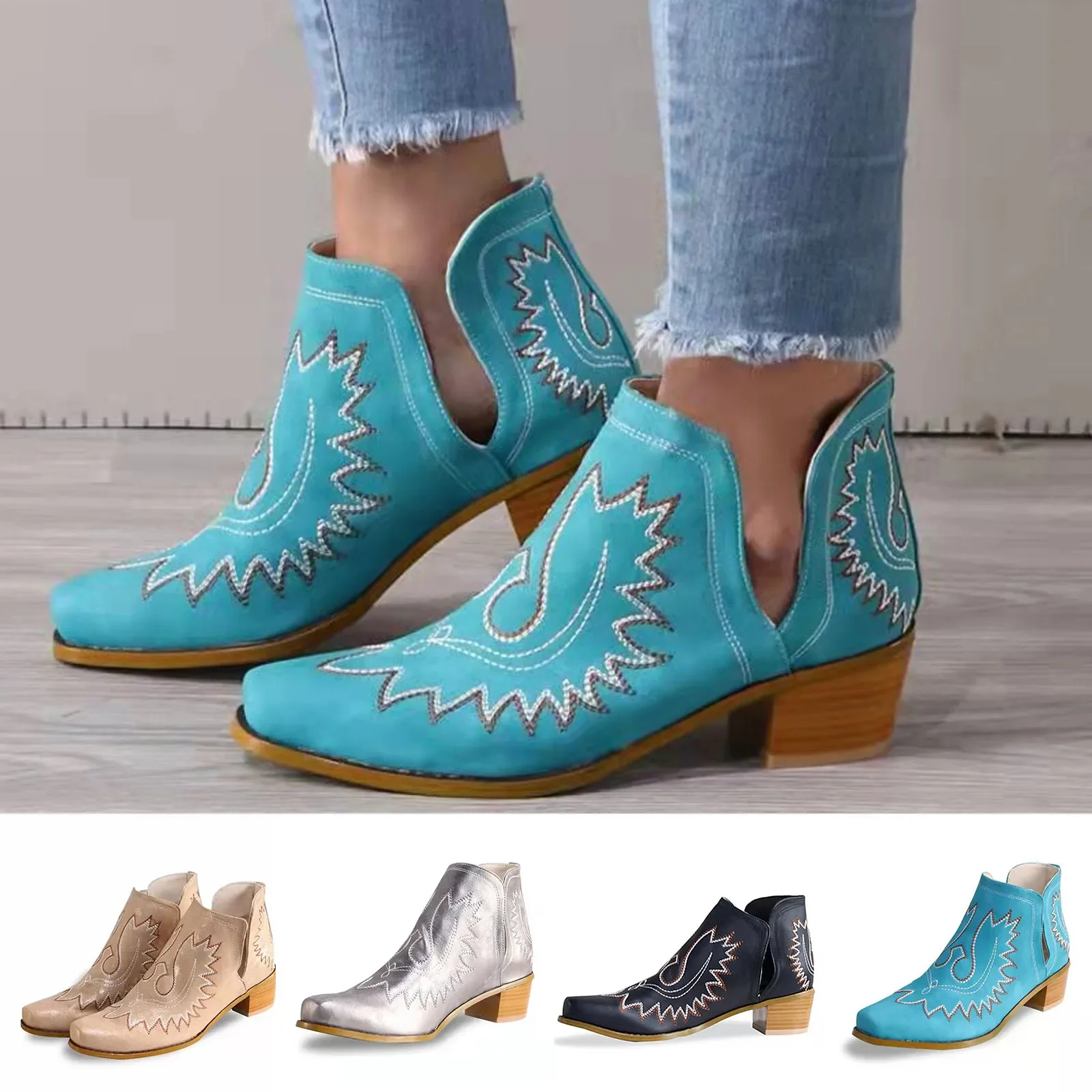 Women Boots Flower Embroidered Cowboy Boots Platform Winter Warm Ankle Casual Shoes Botas Mujer Comfortable Shoes