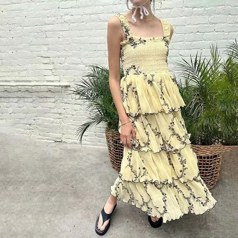 

Women High Waist Sleeveless Long Robe Summer New Sweet Cascade Ruffle A-Line Strapless Color Patchwork Ladies Sling Dress