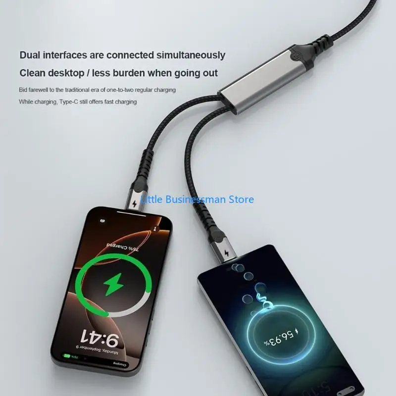 Two-Device Type C Charging Cable, 2-in-1 Fabric Cord with Reinforced Ends and File Transfer for Daily Carry Use M76A