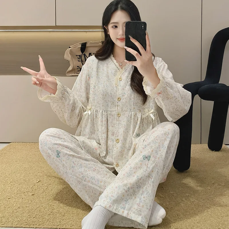 100% Gauze Thin Cotton Maternity Nursing Sleepwear Sets Sweet Loose Pajamas Pants Suits Summer Pregnancy Sleep Home Lounge Wear