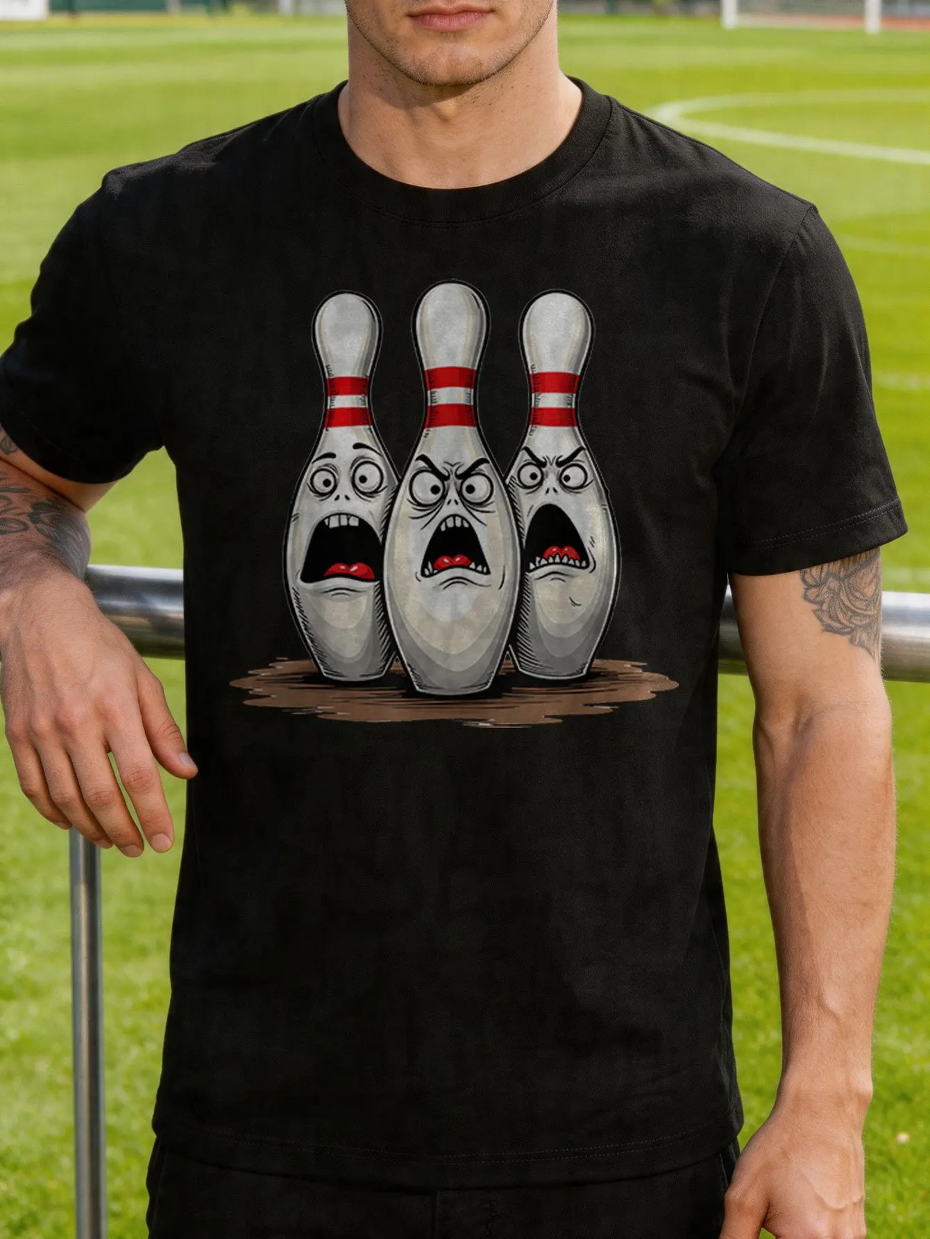 Mens Cartoon Scared Bowling Pins T Shirt Funny Sports Graphic Print Short Sleeve Crew Neck Casual Cotton Male Fashion Daily Tee