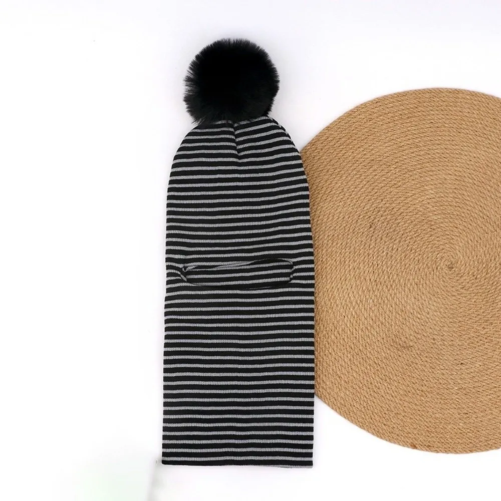 Striped Pattern Balaclava Hat Pom Pom Design One-Piece Construction Integrated Scarf Hat Warm Fleece Lining Neck Protection