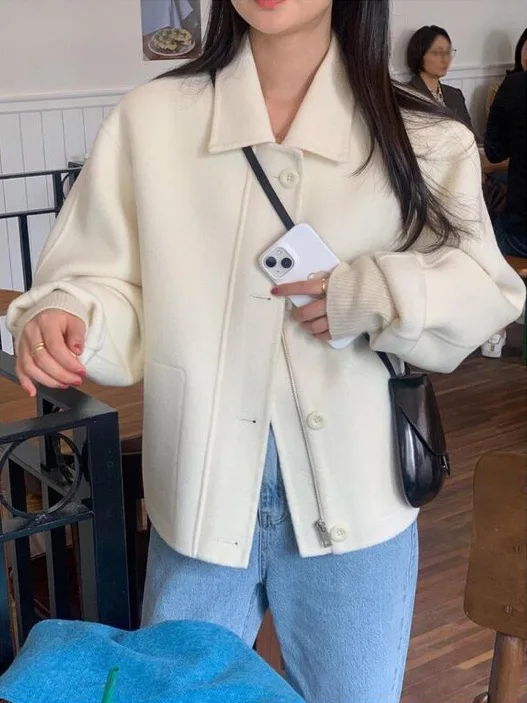 

Korean Sle ort Woolen Coat Women's Vintage High-End Feel Lapel Loose Versatile Zipper Soft Ele Korean Faion