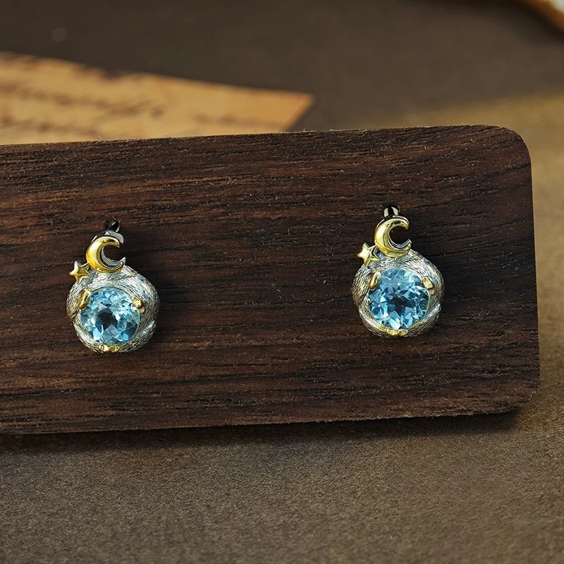 ITSMOS Topaz Earrings Star Moon Stud 925 Sterling Silver Luxury Jewelry Celestial Space Gift for WomenHer Best Friend Gift