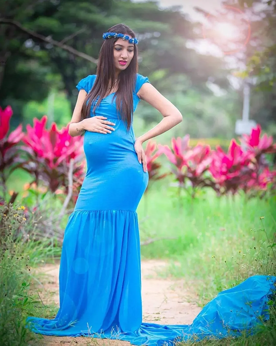 Maternity Chiffon Mermaid Gown Off Shoulder Dropped Sleeve Fitted Photo Shoot Photography Dress