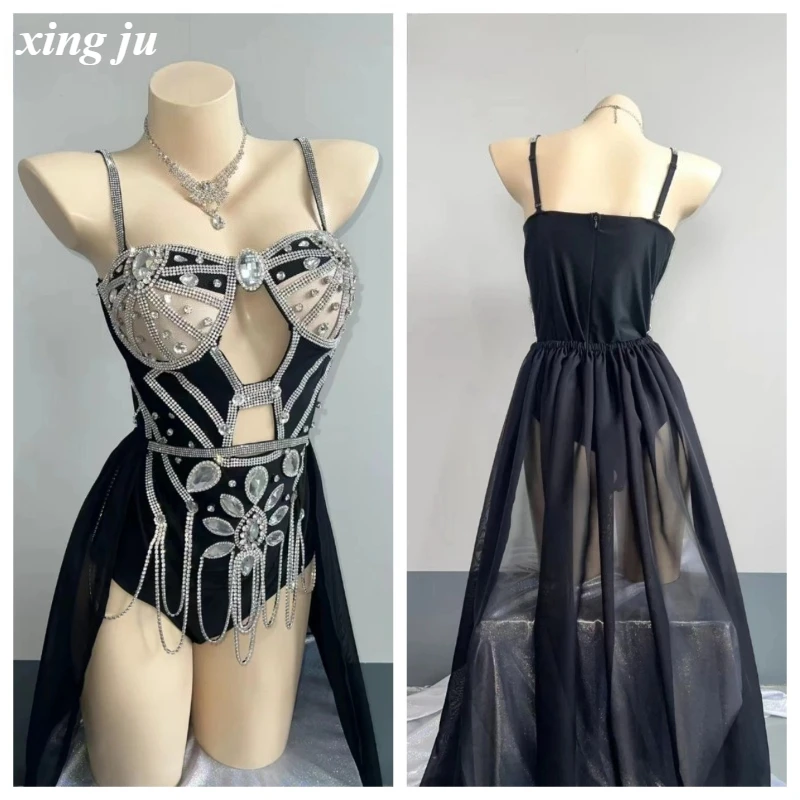 

Женский роскошный боди-костюм Xing Ju с сетчатой юбкой и стразами, сексуальный наряд для ночного клуба, сценический костюм для танцовщиц, диджеев, певиц, для выступлений в клубах