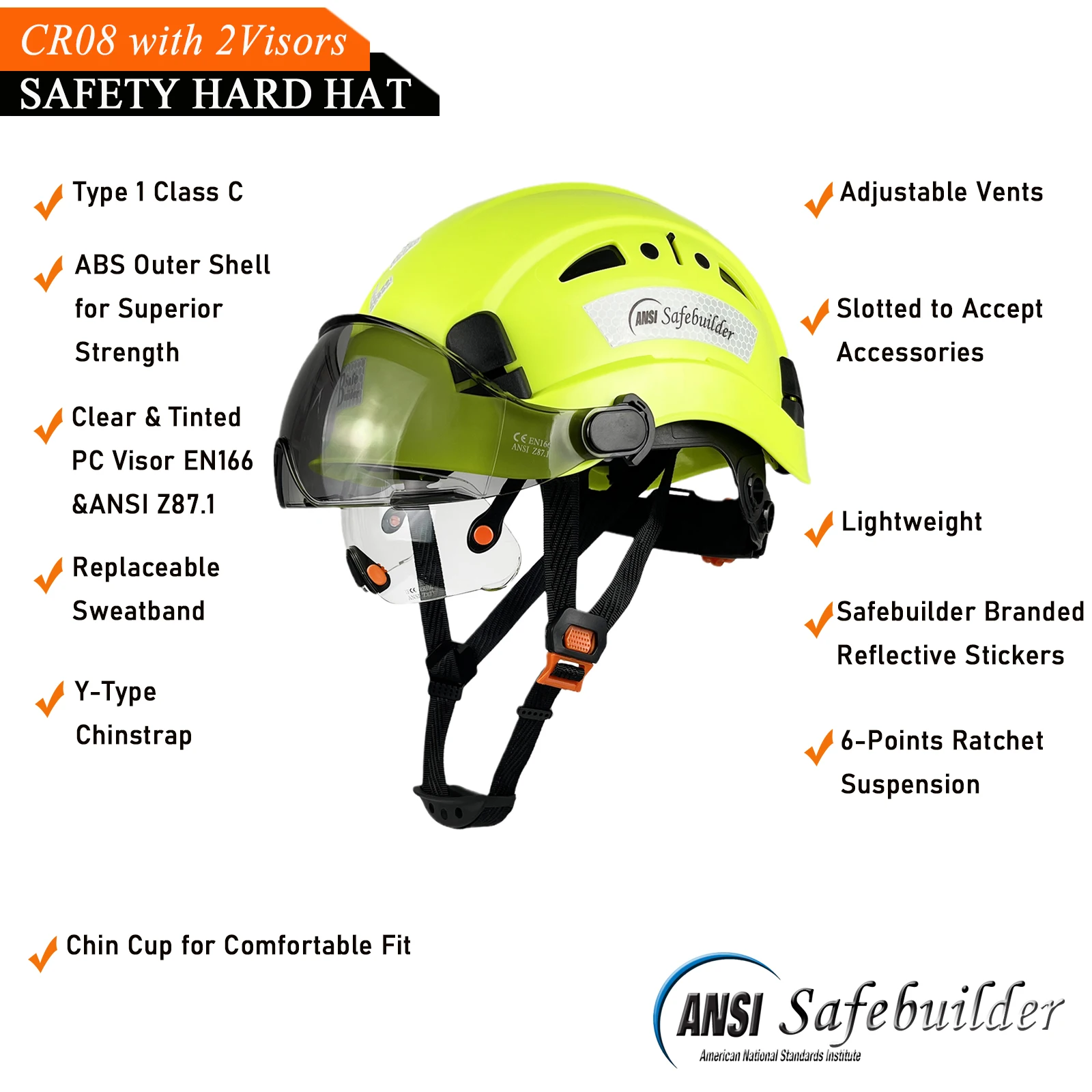 Construction Safety Helmet with Visor Built in Goggles, Engineering ABS Hard Hat, Industrial Work Cap, Men Head Protection