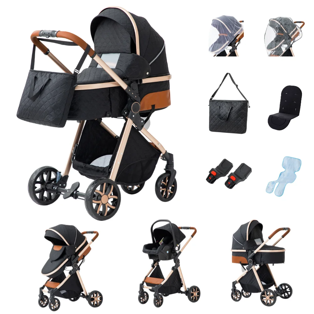 3-in-1 Babywandelwagen, vierwielige kinderwagen, hoge ligging met muskietennet, opvouwbaar, schokbestendig, vierwielige kinderwagen - afbeelding 1