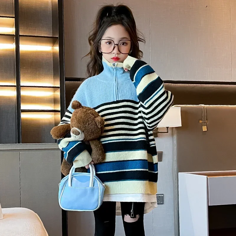 Korean Autumn Winter Children Girl Sweaters Teenager Girl Half Zip High Collar Striped Kintwears School Girl Warm Kintted Tops