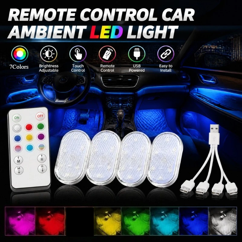 4x Touch Control 7 Color Oval LED Car Reading Light USB Charging Sound Activated Remote Control Roof Ambient Atmosphere Lamp