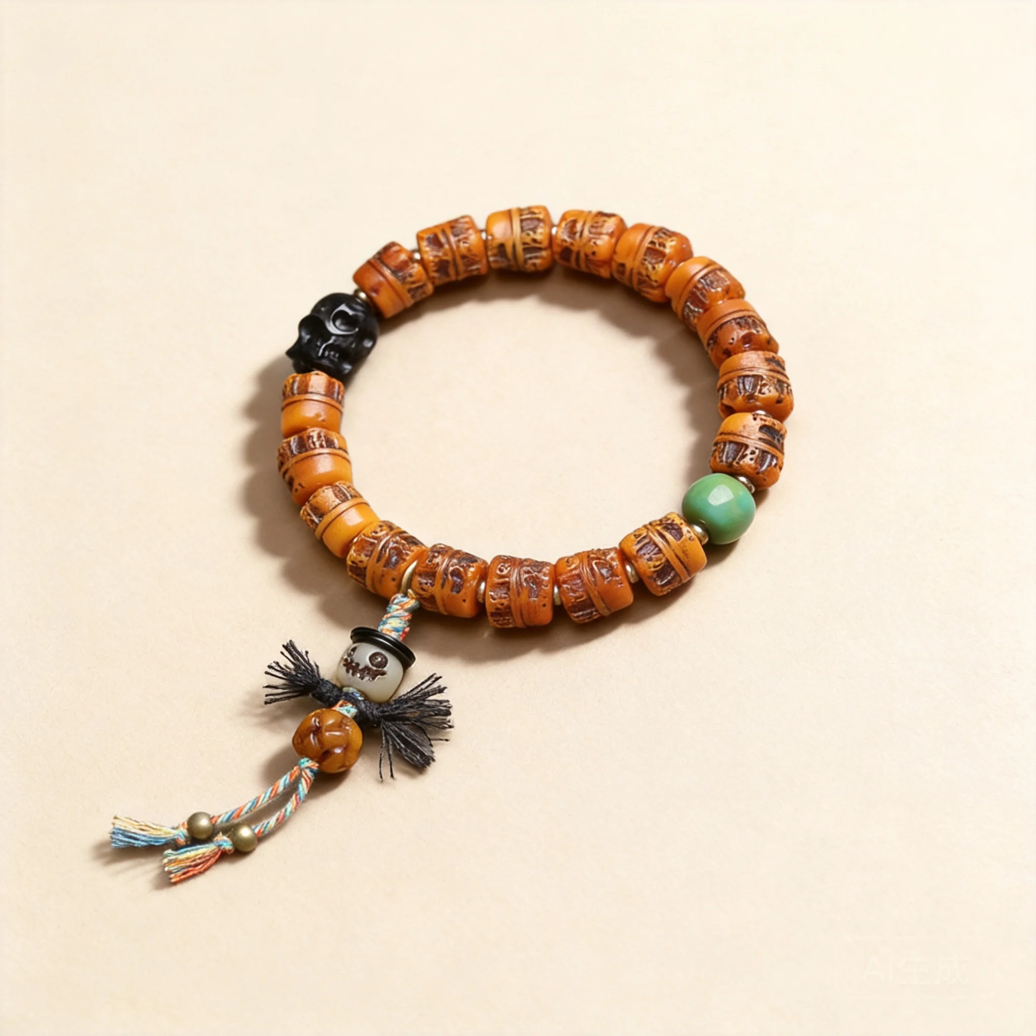 Vintage Tibetan Style Chinese Traditional Carved Bone A Dai Bracelet Obsidian Agate Lucky Blessing Fortune Transshipment Wenwan