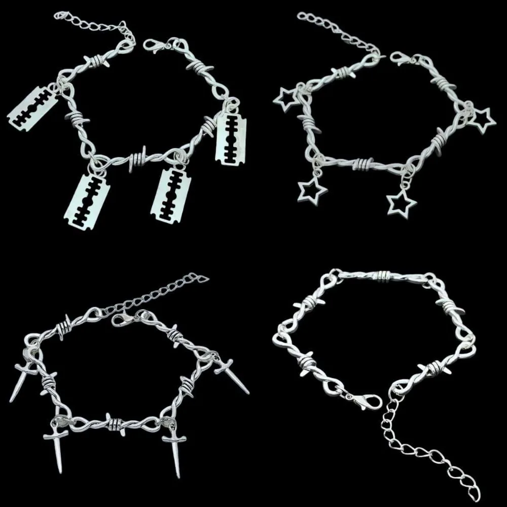 New Hip-hop Punk Sliver Color Hollowed-out Star Short Sword Blade Pendant Thorn Chain Bracelet for Men Women Personality Jewelry