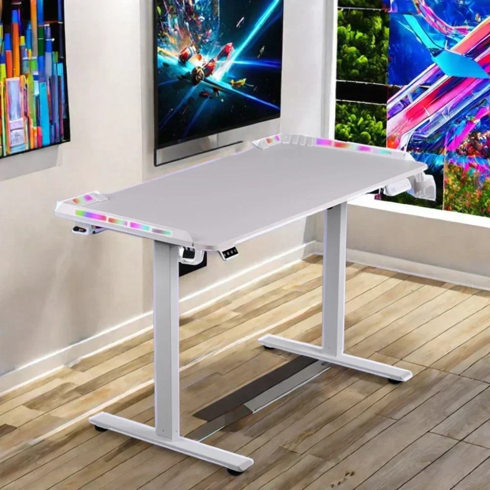 

l Modern Style Gaming Desk with RGB Lighting White Edition Electric Height Adjustable Gaming Table