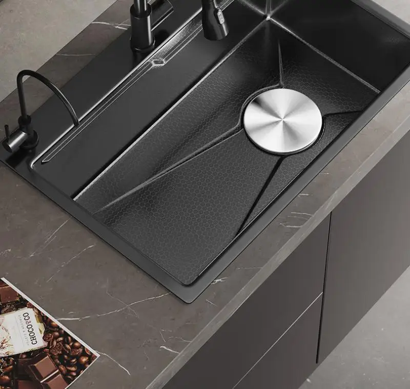 Imagem -05 - Pia de Cozinha em Pull Out Faucet Nano Black Favo de Mel Multifuncional Bacia de Lavar Legumes Aço Inoxidável