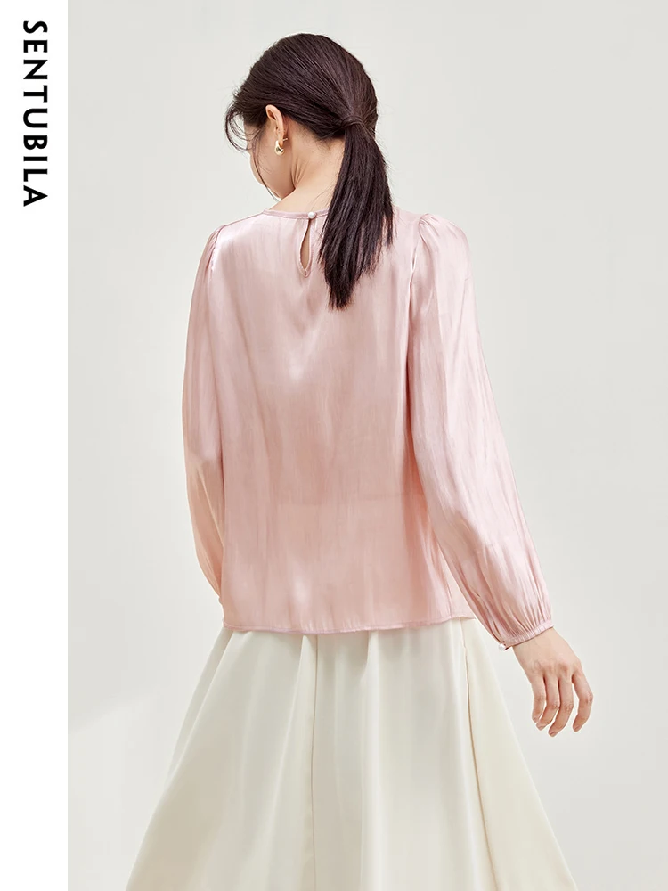 SENTUBILA Crinkled Sheen Pink Blouses for Women 2024 Spring New Fashion Womans Clothing Long Sleeve Chiffon Tops Shirts & Blouse