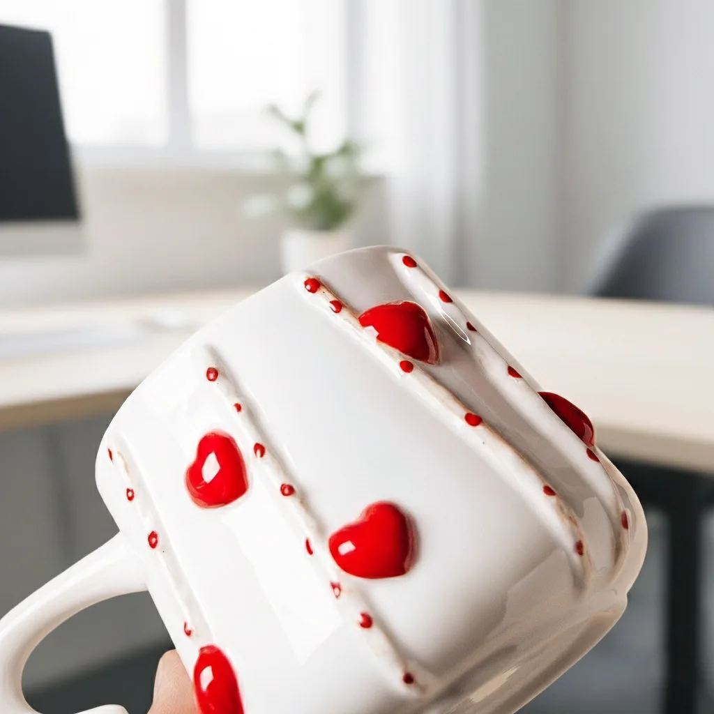 

Cute Cartoon Hand Painted Ceramic Mug with Heart Handle for Milk Coffee