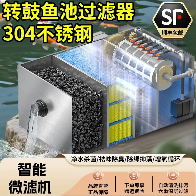 Stainless Steel Fish Pond Filter Rotary Drum Microfiltration Water Circulation System Backwashing Fish Stool Separation