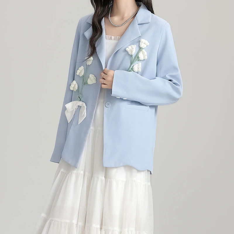 French blue design sense suit jacket women's spring new fashion temperament three-dimensional flowers high sense suit.