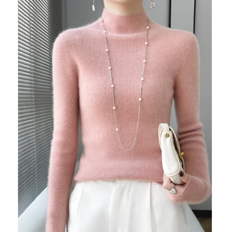 Women\'s Clothing Autumn Winter 100% Wool Sweater Half high Knitted Pullover Slim Fit Drawstring slimming Tops Long Sleeve