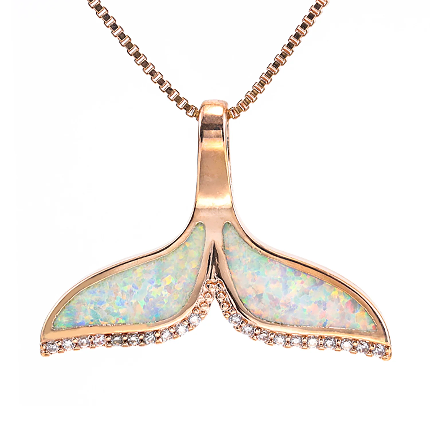 Rose Gold Plated Whale Tail Pendant Necklace with Opal & CZ,Symbol of Ocean,Meaningful Birthday Valentine Cute Gift for Women