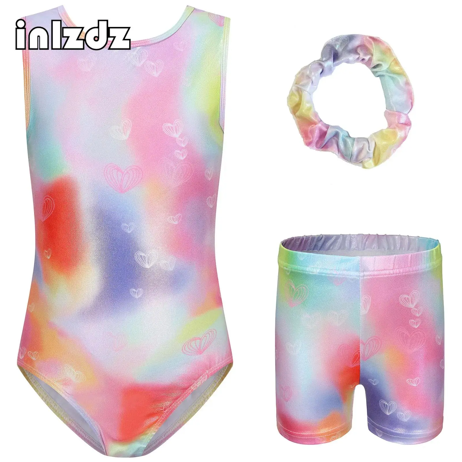 

Kids Girls 3-Piece Gymnastics Outfits Sleeveless Heart Printed Leotard with Elastic Waistband Shorts Hair Band for Performances
