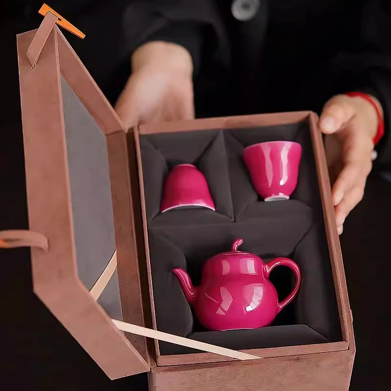 Rouge Red Ceramic Gourd Shape Teapot Two Cups and One pot Tea Set Ideal Gift-giving