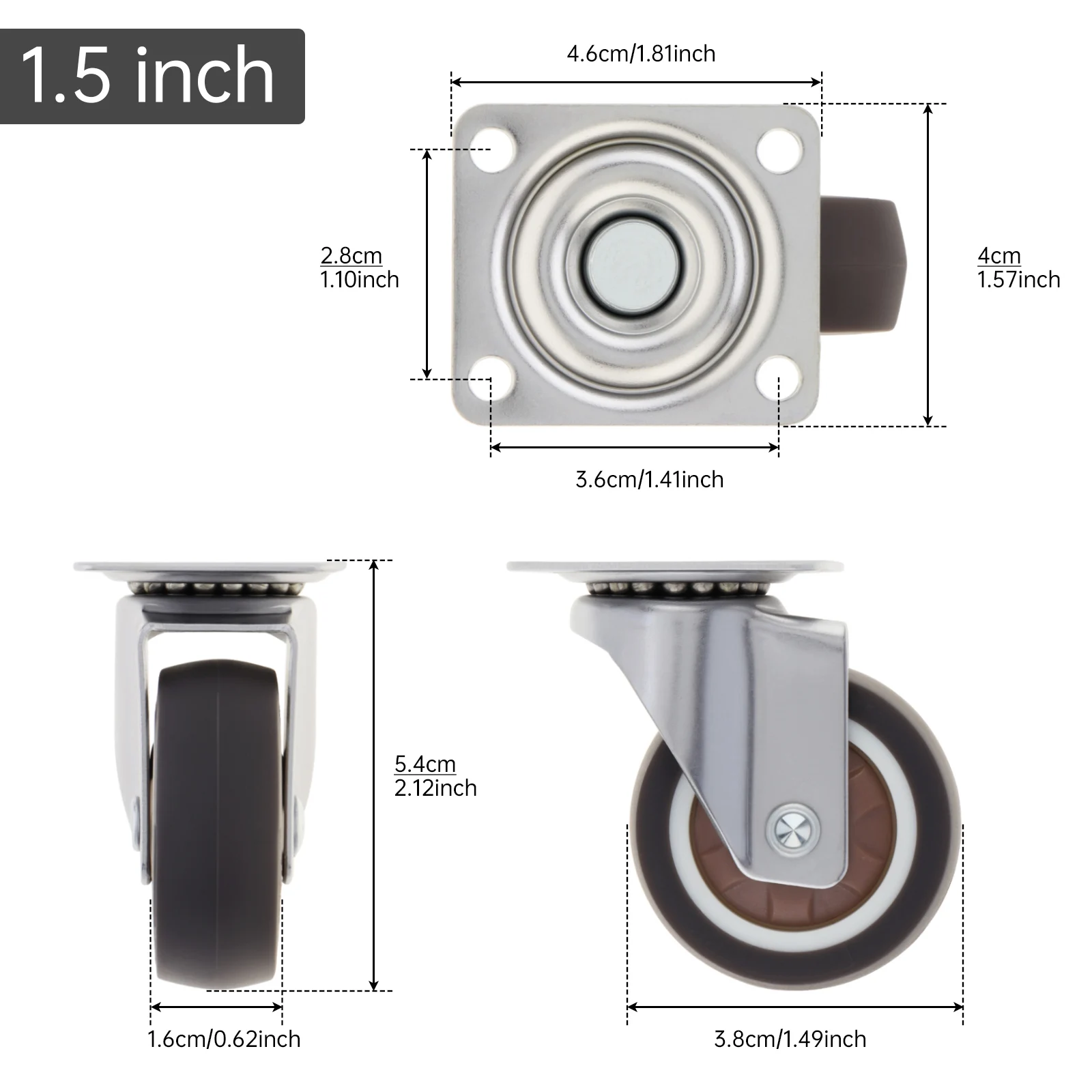 4pcs 1/1.25/1.5/2 inch Metal Top TPR Rubber Small Ball Bearings Caster Wheels Tools for Night Stand with 360 Degree Swivel Head