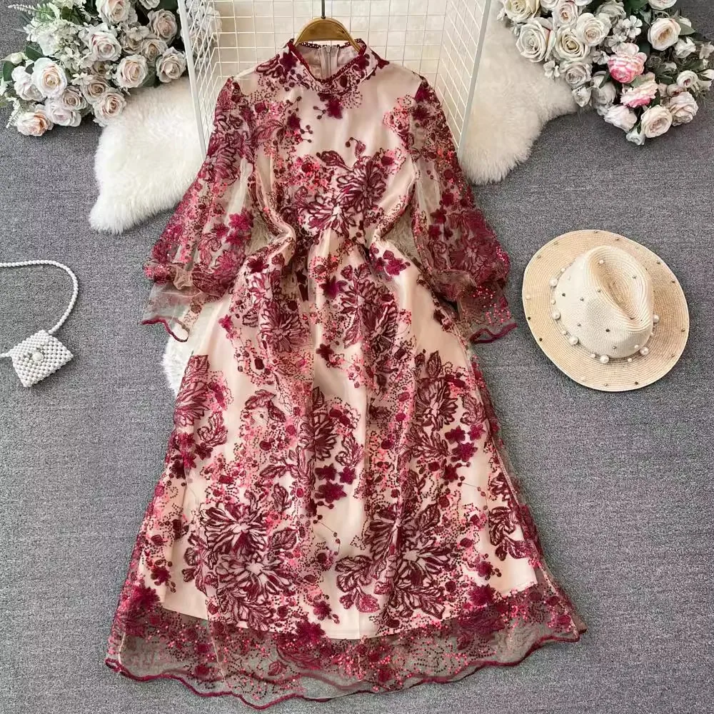 

2024 New Spring Autumn Women Embroidery Sweet Stand Collar Lantern Sleeve Fashion Elegant High Quality Party Casual Dresses