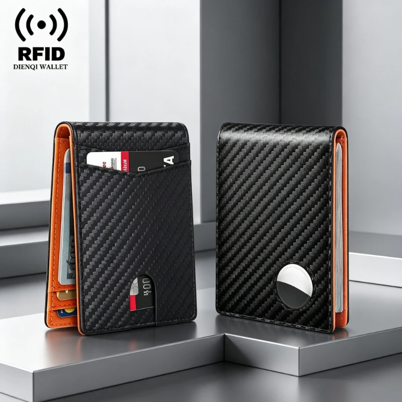 Carbon Fiber Pattern Men Women Wallet for Airtag RFID Bank Credit Card Holder Money Bag Luxury Smart Wallets for Air Tag Tracker