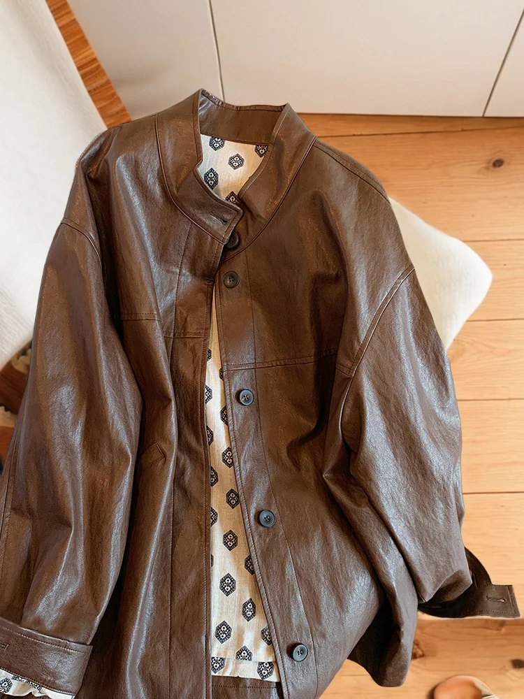 Retro Ce Brown Leather Jaet Casual ex Spring Autumn High Faion Versatile Open Cardigan Sle Women's ort Coat