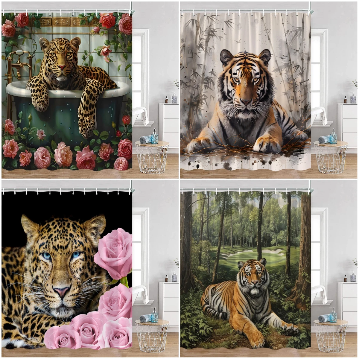 Wild Animals Shower Curtain Tiger Forest Elegant Panther Green Palnts Rose Floral Home Decor for Bathroom Polyester Bath Curtain