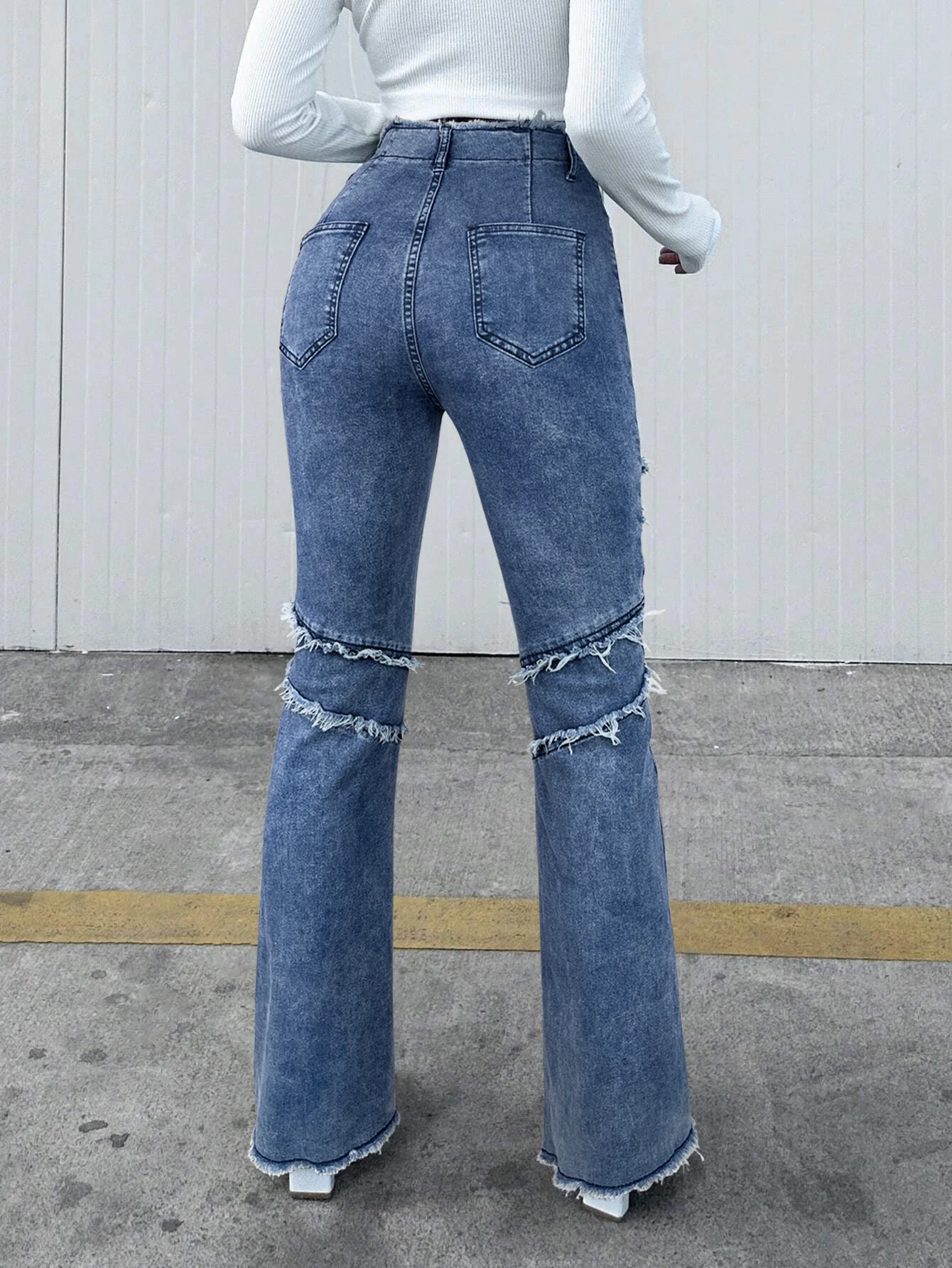 Y2k Street Retro Washed Stretch Slim Fit Raw Edge Ripped Zipper Jeans Zipper Fly Flare Leg Bootcut Jeans Four Seasons Match