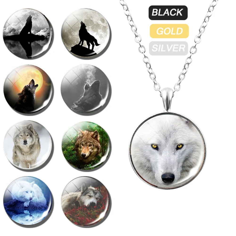 Charms Necklace Full Moon Wolf Necklaces Vintage Glass Cabochon Dome Jewelry Metal Animal Pendant Men Women Gift Jewellery