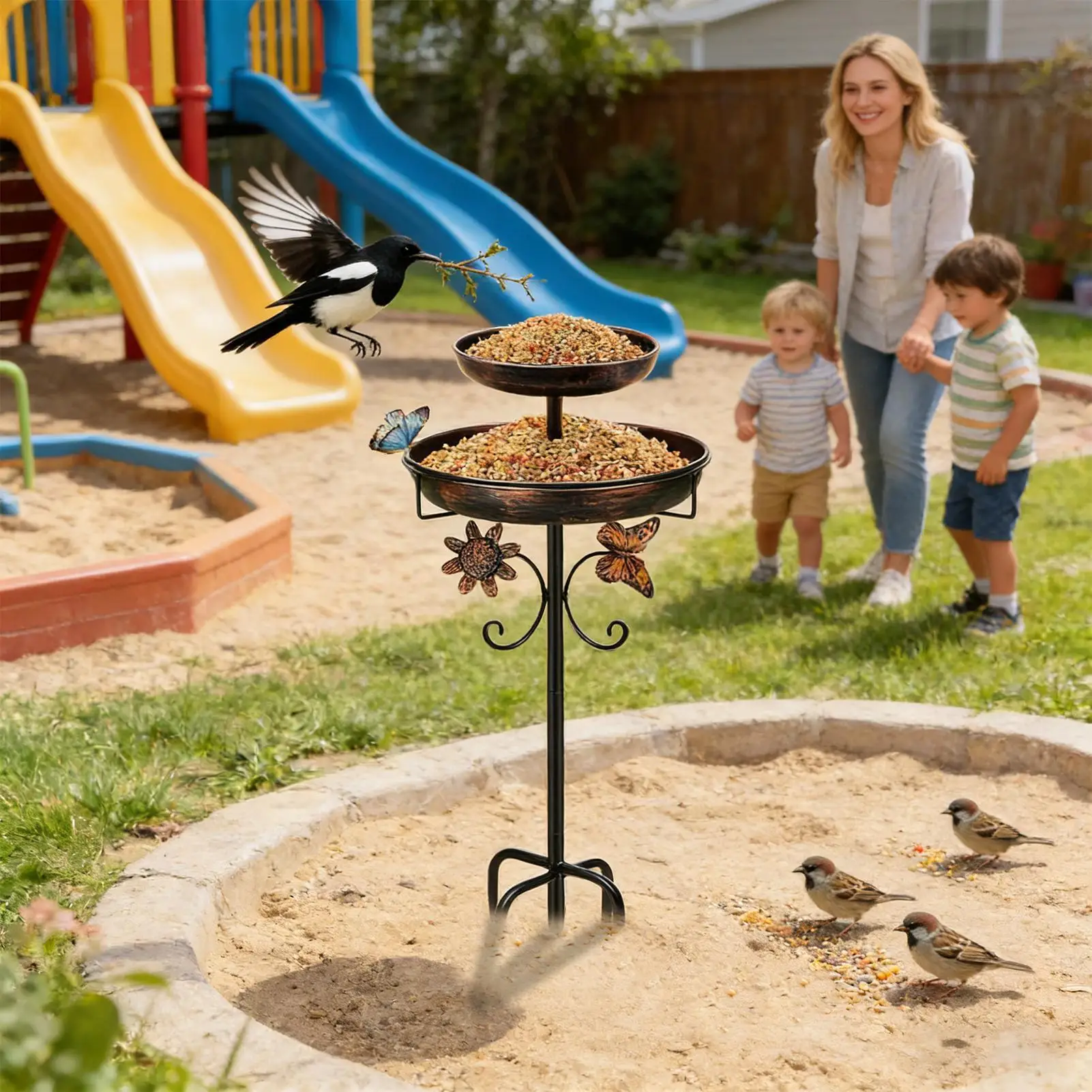 Bird Bath With Stakes Rustproof Double Layer Vintage Birdbath Bird Feeder Bath Bowl Decoration For Yard Patio Deck Porch