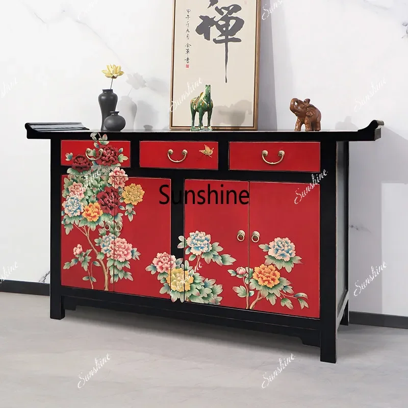 

New Chinese hand-painted entrance cabinet antique solid wood warped head shoe cabinet