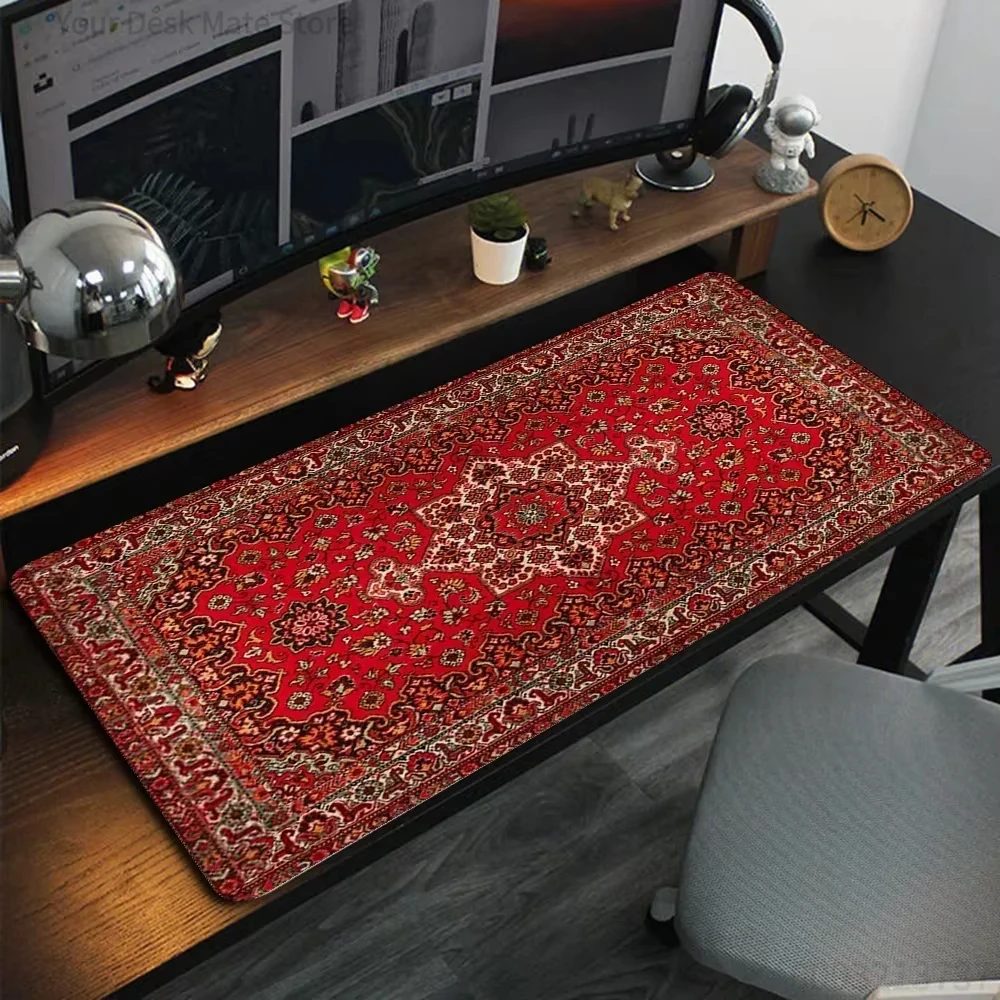 Red Persian Rug Pattern Mouse Pad Waterproof Non-Slip Vintage Ethnic Style Large Gaming Desk Mat Traditional Ornament Office Pad
