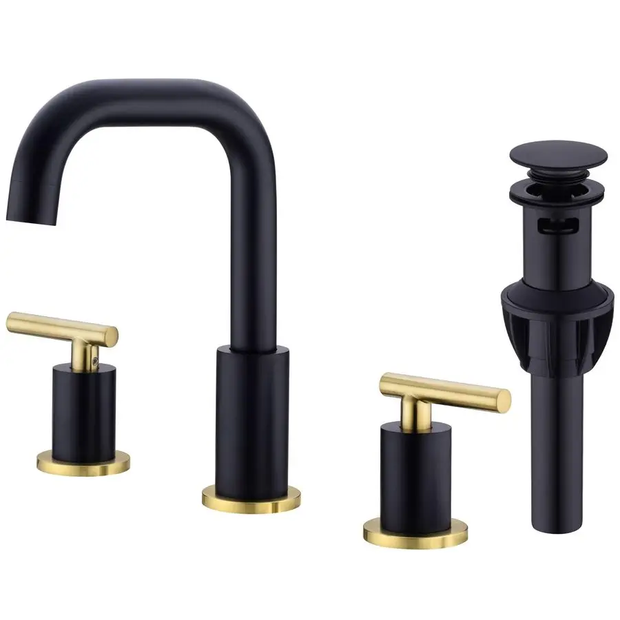 

Brass Bathroom Faucet 2 Handle 8 Inch Widespread Vanity Sink Mixer Faucet with Overflow Pop Up Drain Assembly, Matte Black and B