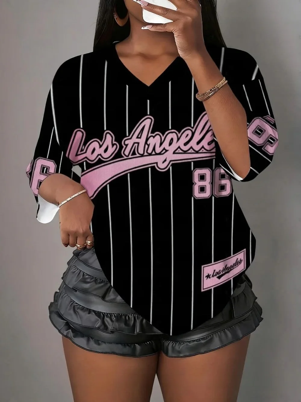 Women's Los Angeles NO.86 printed V-neck short sleeved T-shirt, summer pattern T-shirt, baseball shirt,breathable sports T-shirt