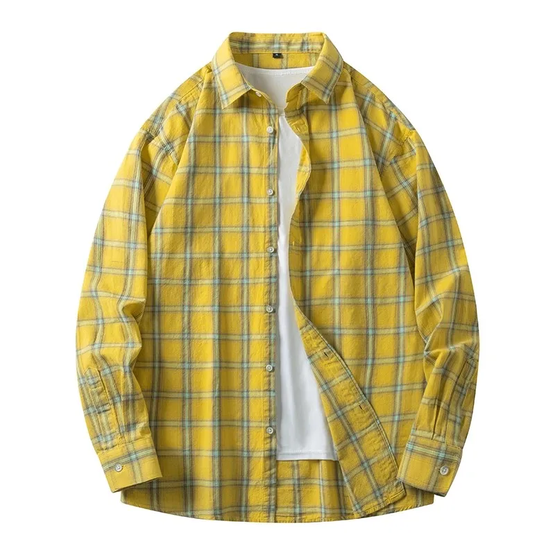 

American Street Style Men's Shirt Casual Long Sleeve Plaid Cotton Spring Autumn Wear for Young Men Retro Cool Coat