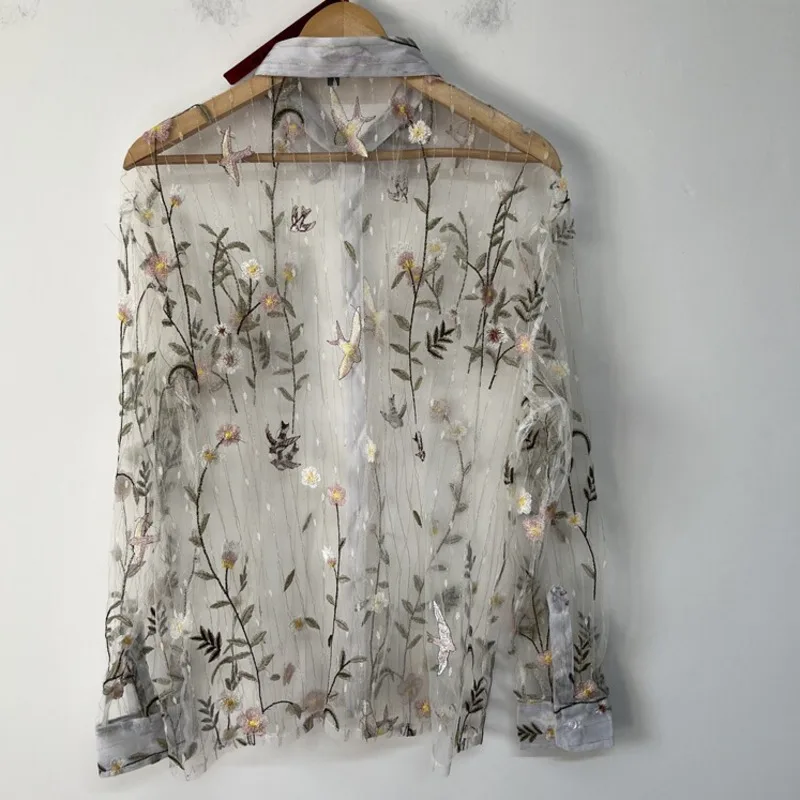 WVGA Spring Summer New Man Tide Flower Embroidered Trendy Sheer Mesh Design Long Sleeve Shirts Niche Chic Casual Tops Ins W21356