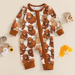 2024-07-13 Lioraitiin Western Baby Boys Romper Casual Long Sleeve Round Neck Cow Print Zip Up Jumpsuit Infant Outfit