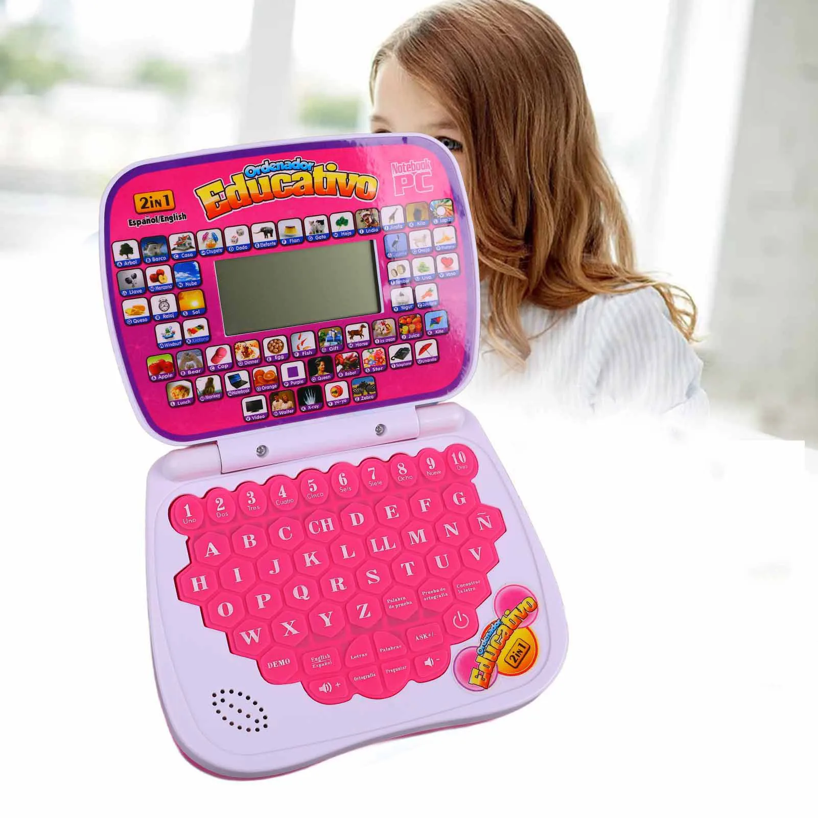 ZK40 Crianças Máquina de Aprendizagem Inglês Espanhol Função de Música Portátil Educacional Interativo para Crianças Rosa